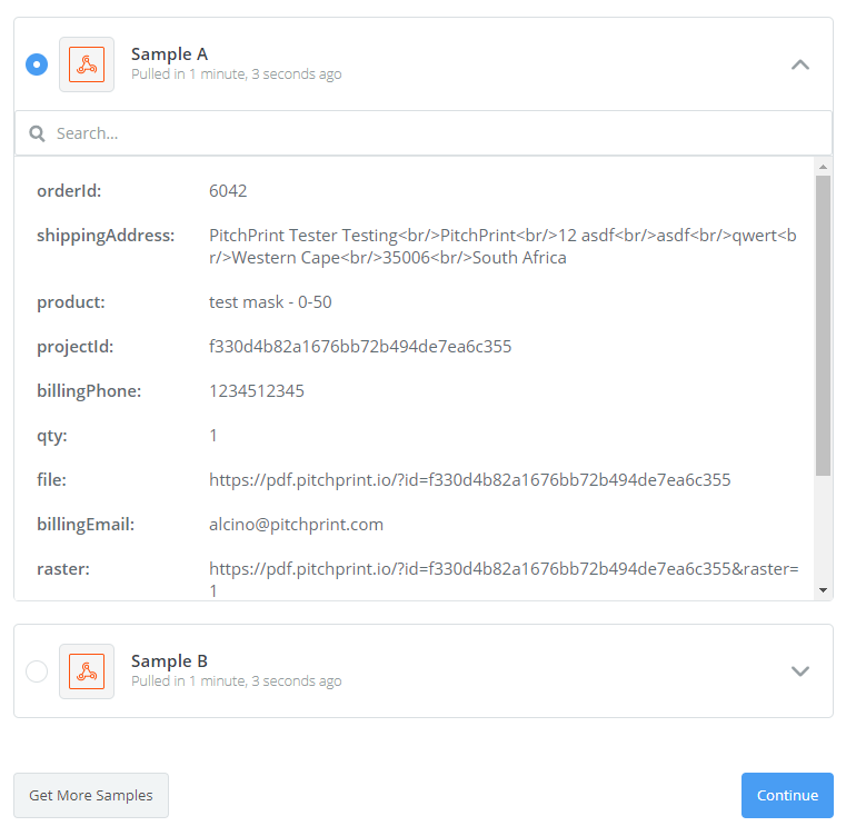 Zapier showing the sample webhook payload received from PitchPrint