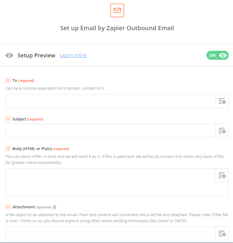 Outbound email setup in Zapier with the To field filled in