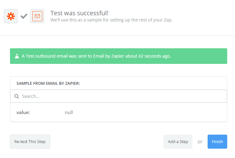 Zapier success message confirming the test email was sent