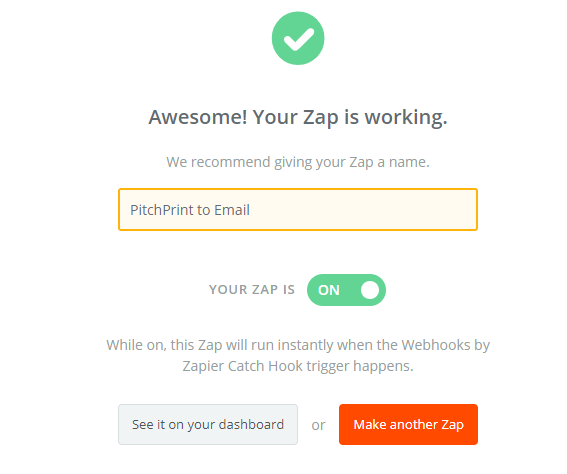 Zap turned on with its on/off toggle enabled