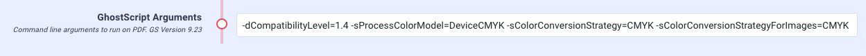 Settings page with the four CMYK conversion arguments entered together in the Ghostscript field