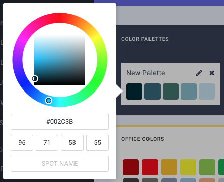A newly added palette with an editable name and five default colors