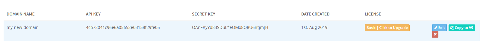Domains page in the PitchPrint admin with the Copy to V9 button against a domain
