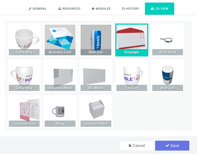 Design configuration window with the 3D view option and a list of 3D models to assign