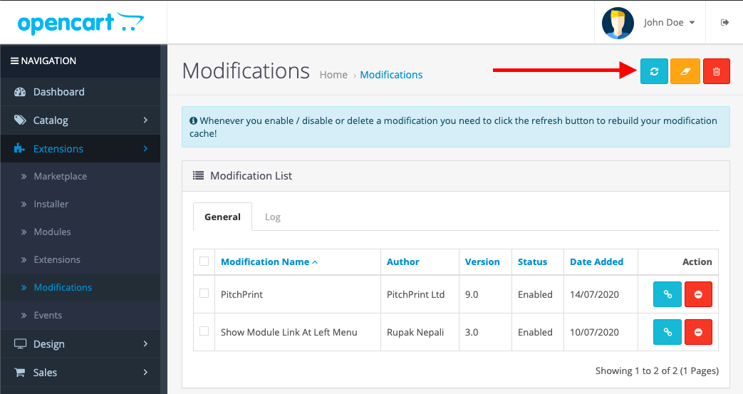 Refreshing modifications in OpenCart