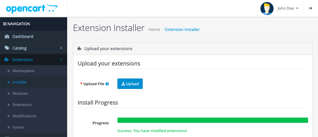Uploading the PitchPrint ocmod file in OpenCart
