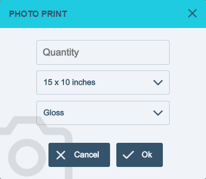 Pop-up for setting quantity, size and paper type for an added photo