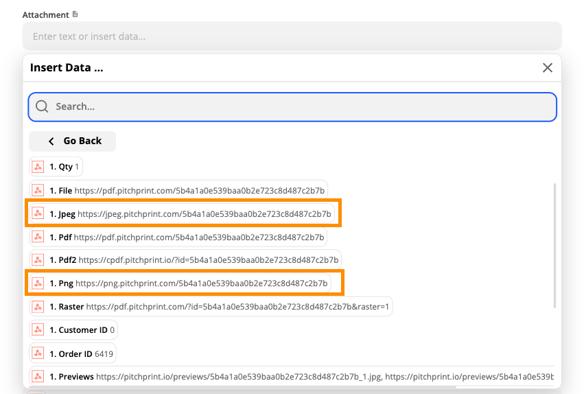 Attachment field with the file value picked from the list of webhook fields