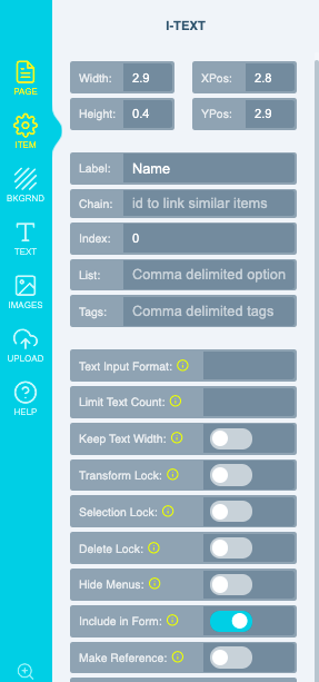 Element properties with a label entered and the Include in Form switch set to ON
