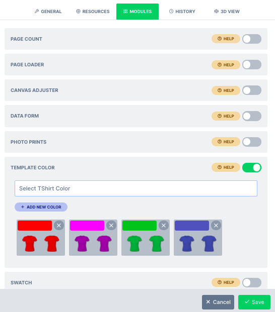 Template Colors switched on in the Modules tab of the design configuration