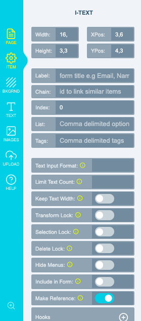 Admin toolbox panel for the selected text item with the Is Reference switch toggled to yes