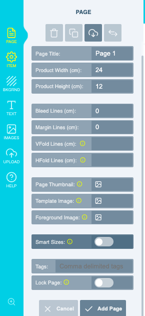 Add Page panel in the editor with width, height and bleed fields