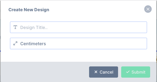 Create a New Design form asking for the design title and measurement unit