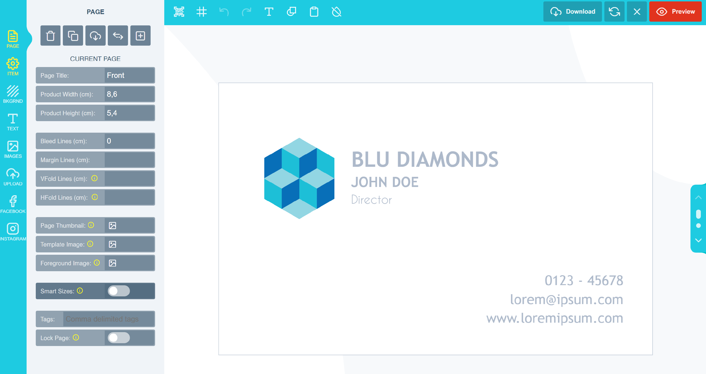 Page 1 of the two page design, used as the front of the business card