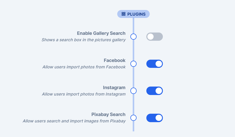 Plugins section of the admin settings with Pixabay Search switched on
