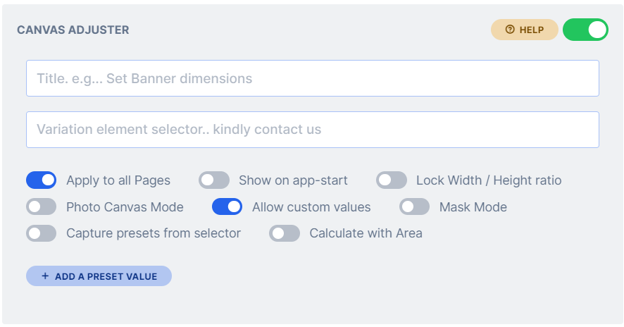 Canvas Adjuster configuration panel on the design's Modules tab