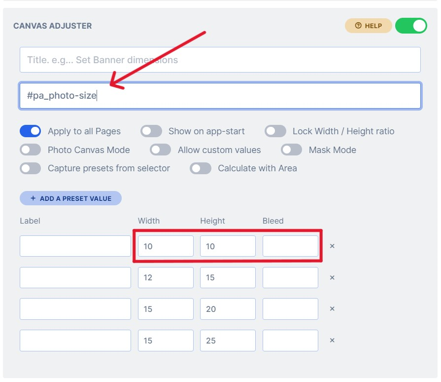 Size selector on a product page synced with the canvas adjuster