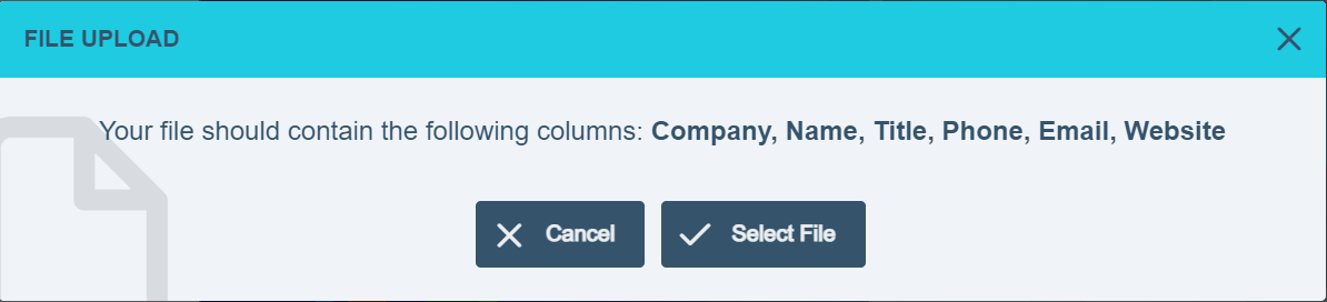 Upload pop up with a select file button for choosing the data file