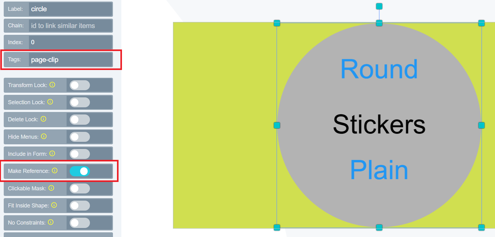 ITEM menu tab with page-clip entered in the tag section and make reference enabled