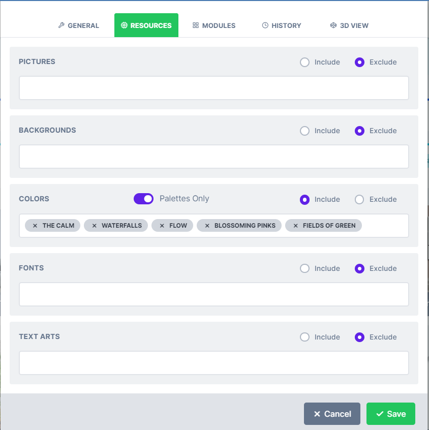 Resources tab with Palettes only turned on for colors and Include selected