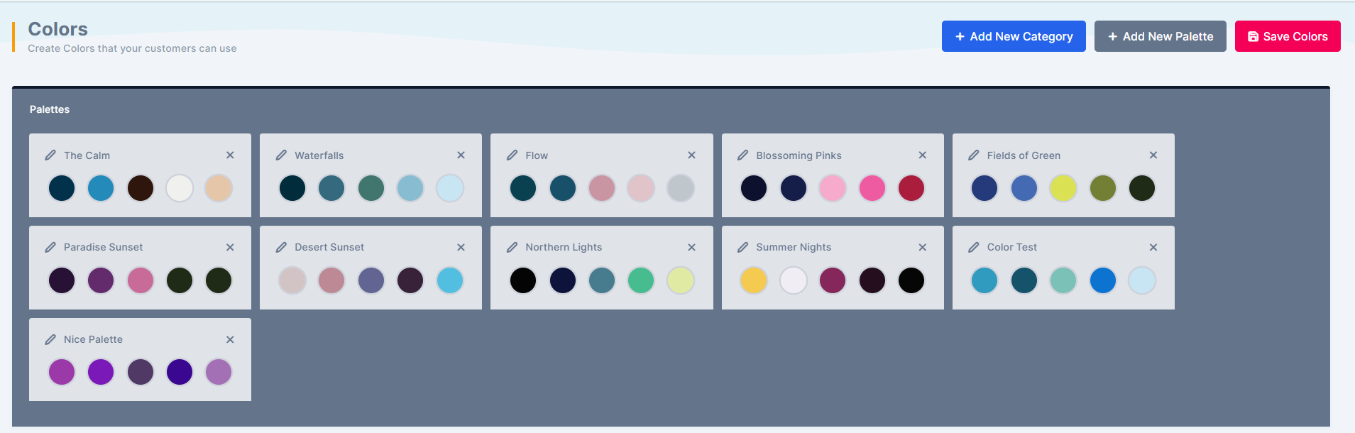 Empty Color Palettes panel at the top of the admin colors page