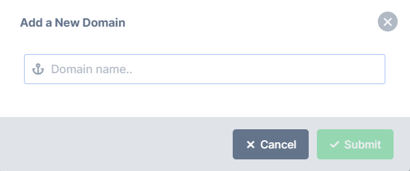 Add a New domain popup with a field for the domain name and a Submit button