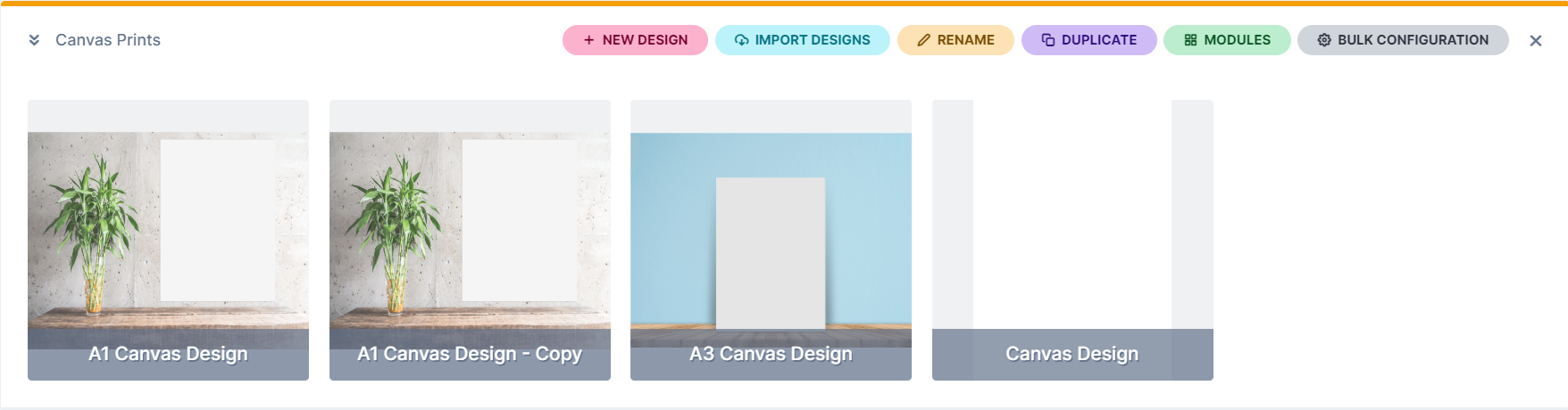 Category list on the designs page with Canvas Prints selected