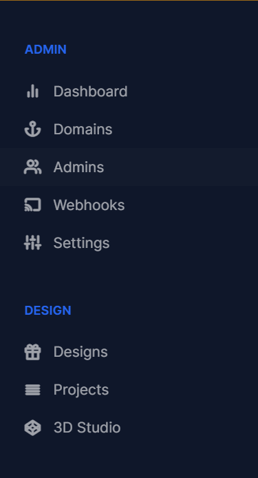 Designs item in the admin side panel