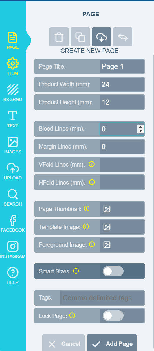 Canvas setup panel in the editor