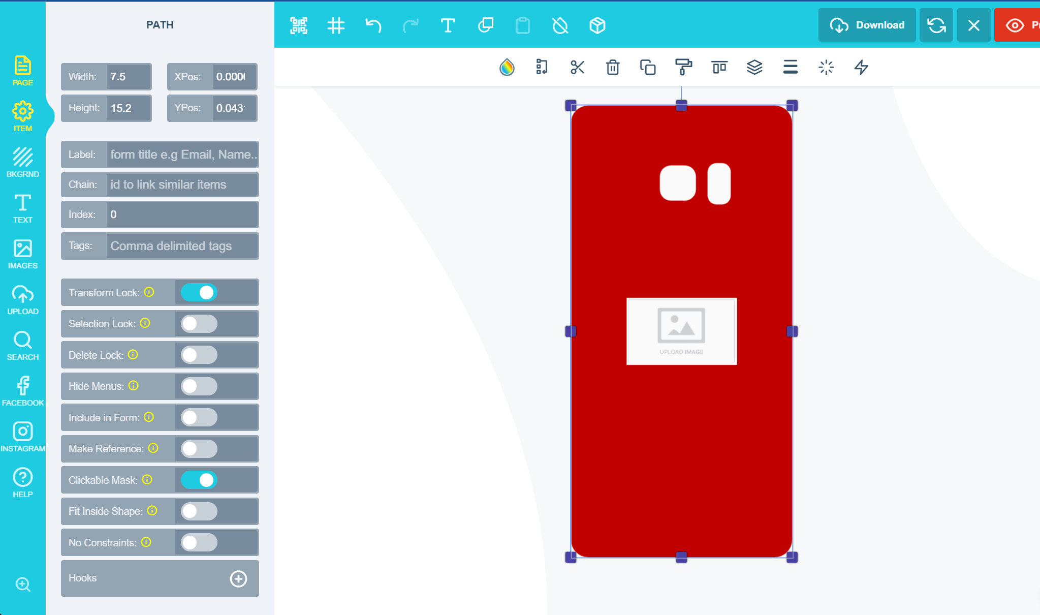 Item sidebar with Transform Lock and Clickable Image Mask switched on