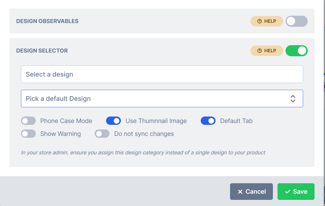 Category modules panel with the Design Selector Module settings open