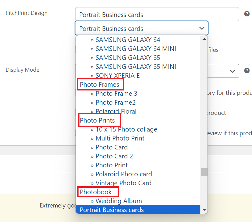Store admin PitchPrint selector with a whole category chosen instead of a single design