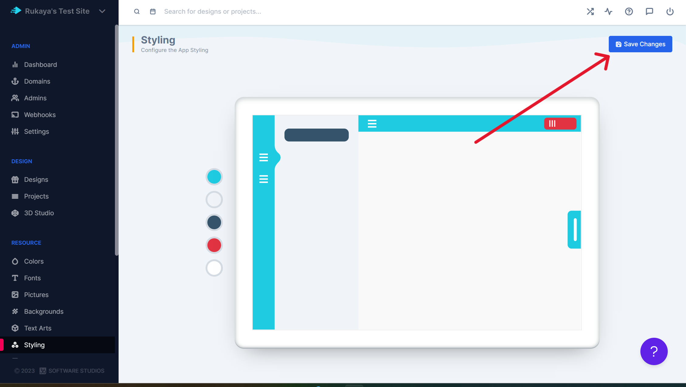 Styling page in the PitchPrint admin ready to be saved