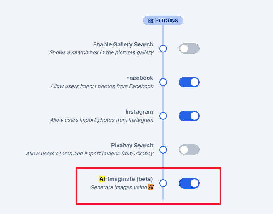 Plugins section of the settings page with AI-Imaginate (BETA) switched on