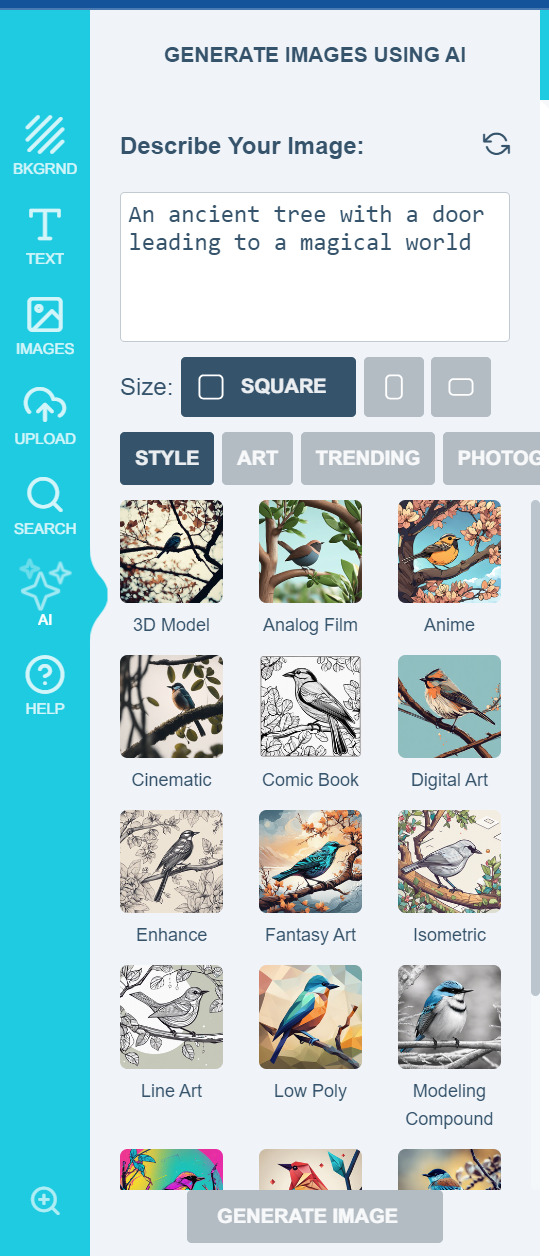 Style and Category selectors with their available options