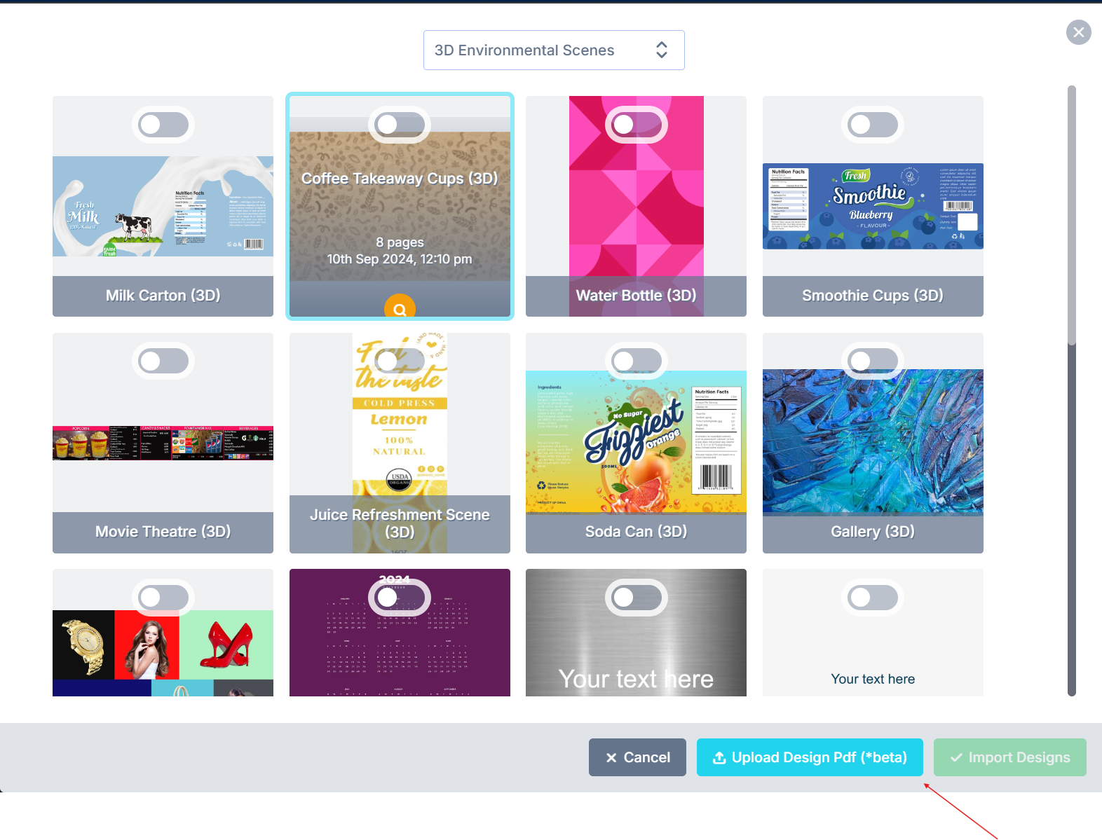 Import Designs options with the Upload Design PDF choice highlighted
