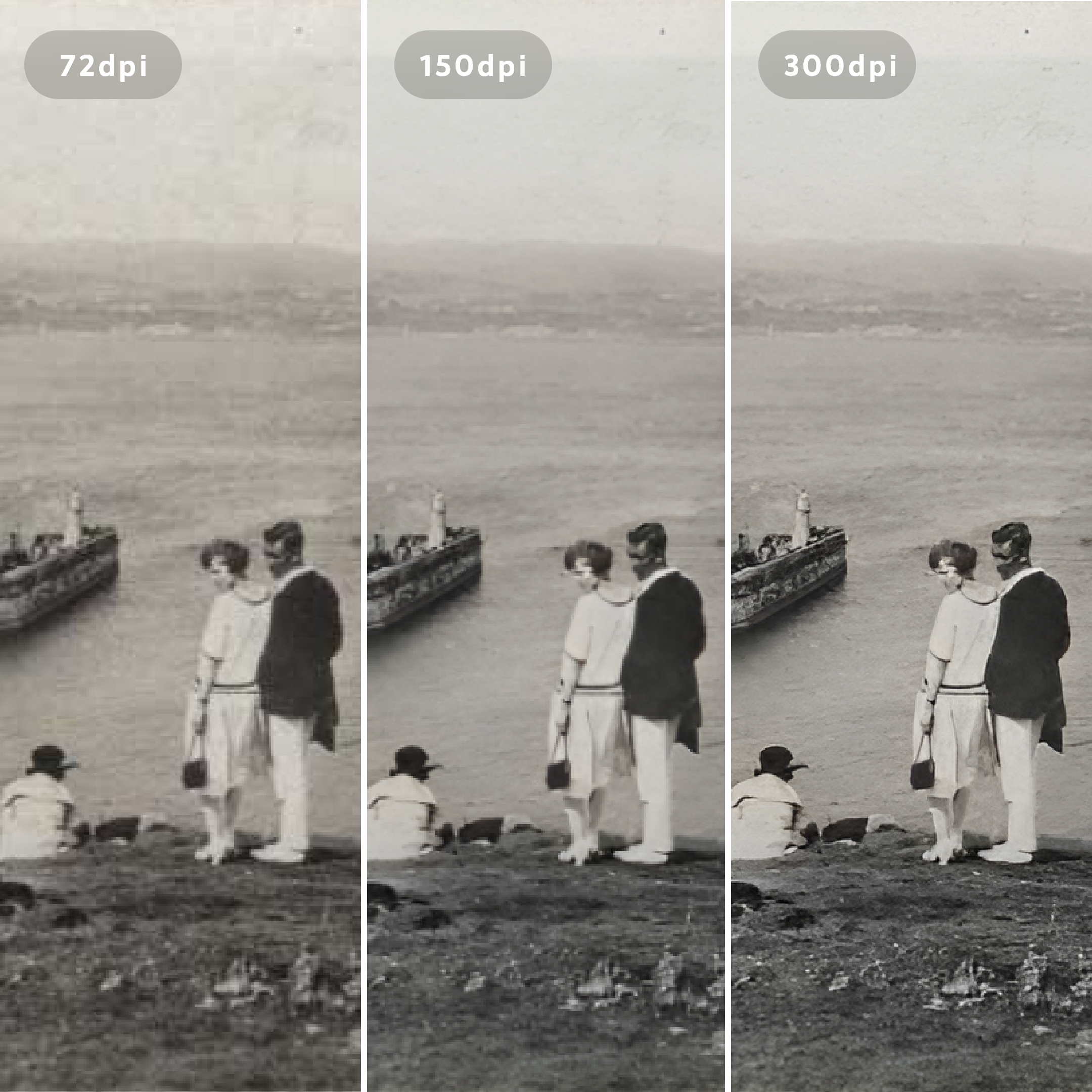 An old low-resolution photo shown next to its crisp upscaled version