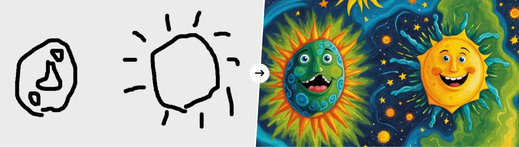 A rough sketch alongside the detailed image generated from it