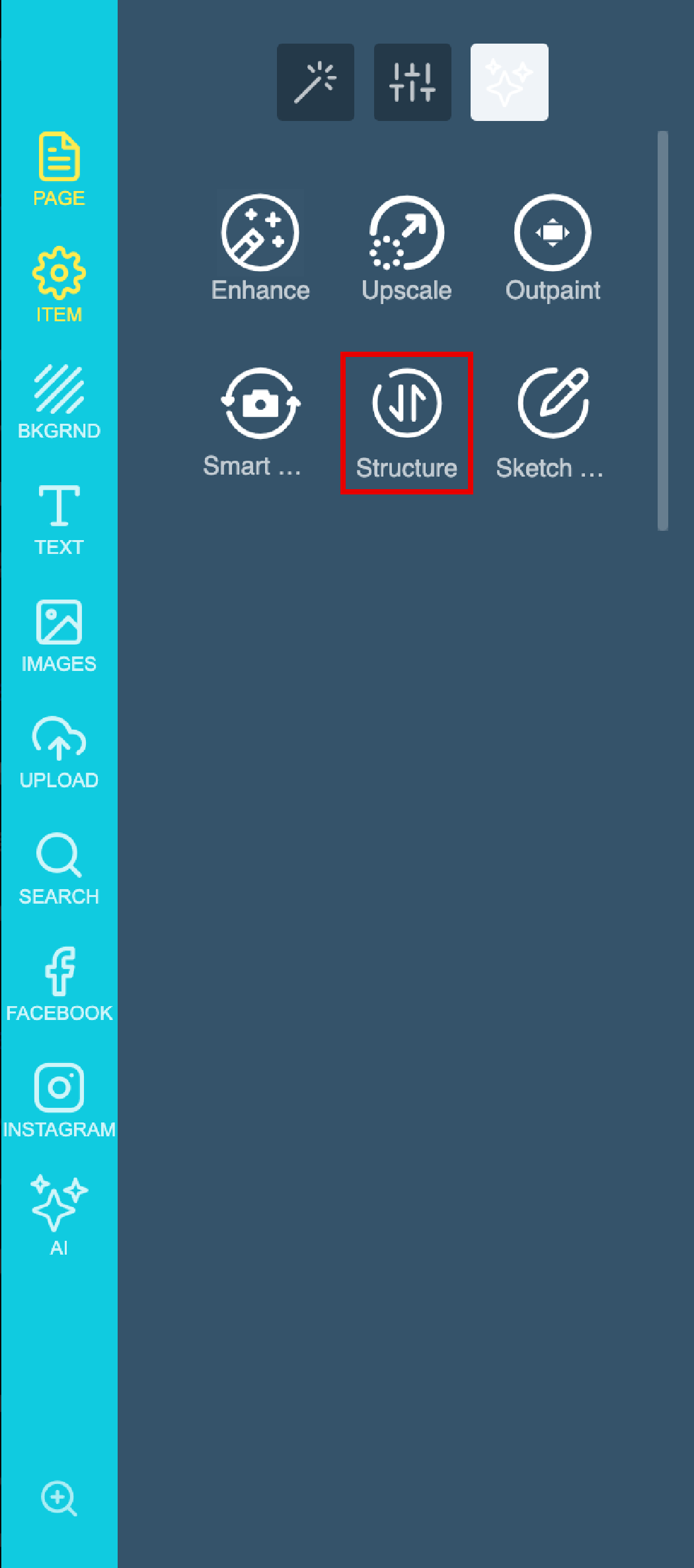 Structure option listed among the AI image enhancement tools in the side panel