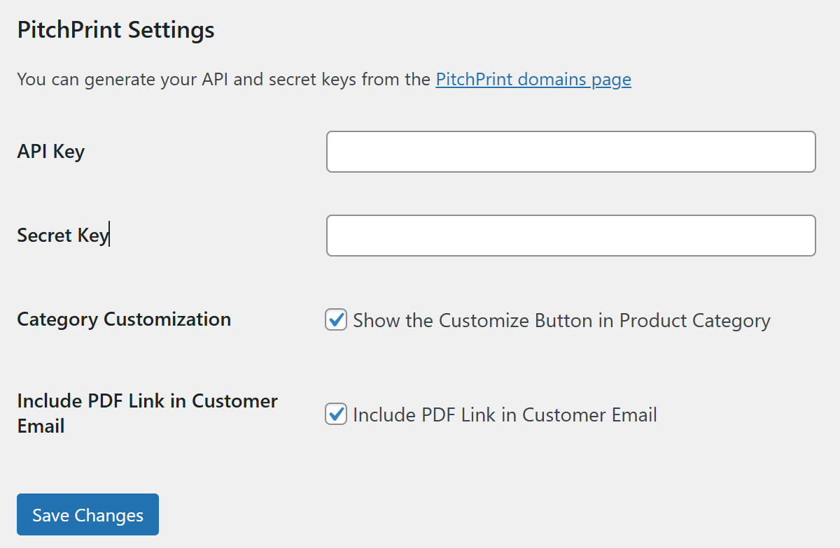 PitchPrint settings in the WordPress admin