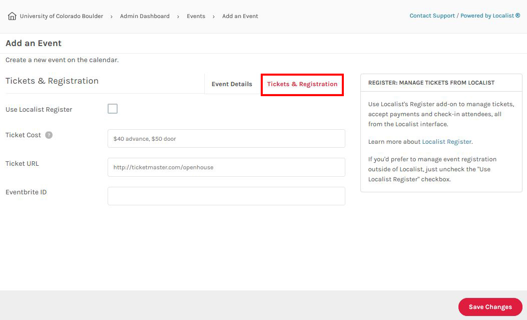 Click the Ticketing & Registration tab