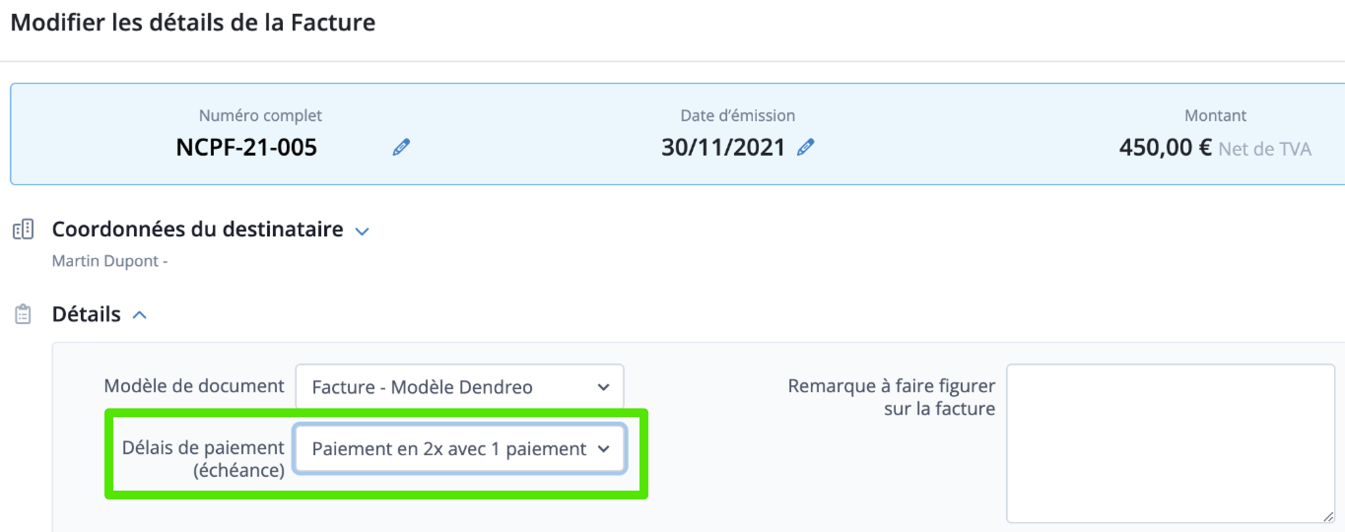Demander le Paiement échelonné d'une Facture émise depuis Dendreo ...