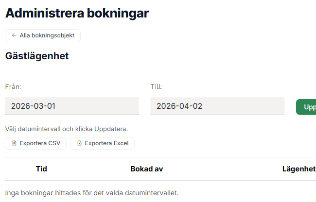 Bokningshistorik med exportknappar för CSV och Excel