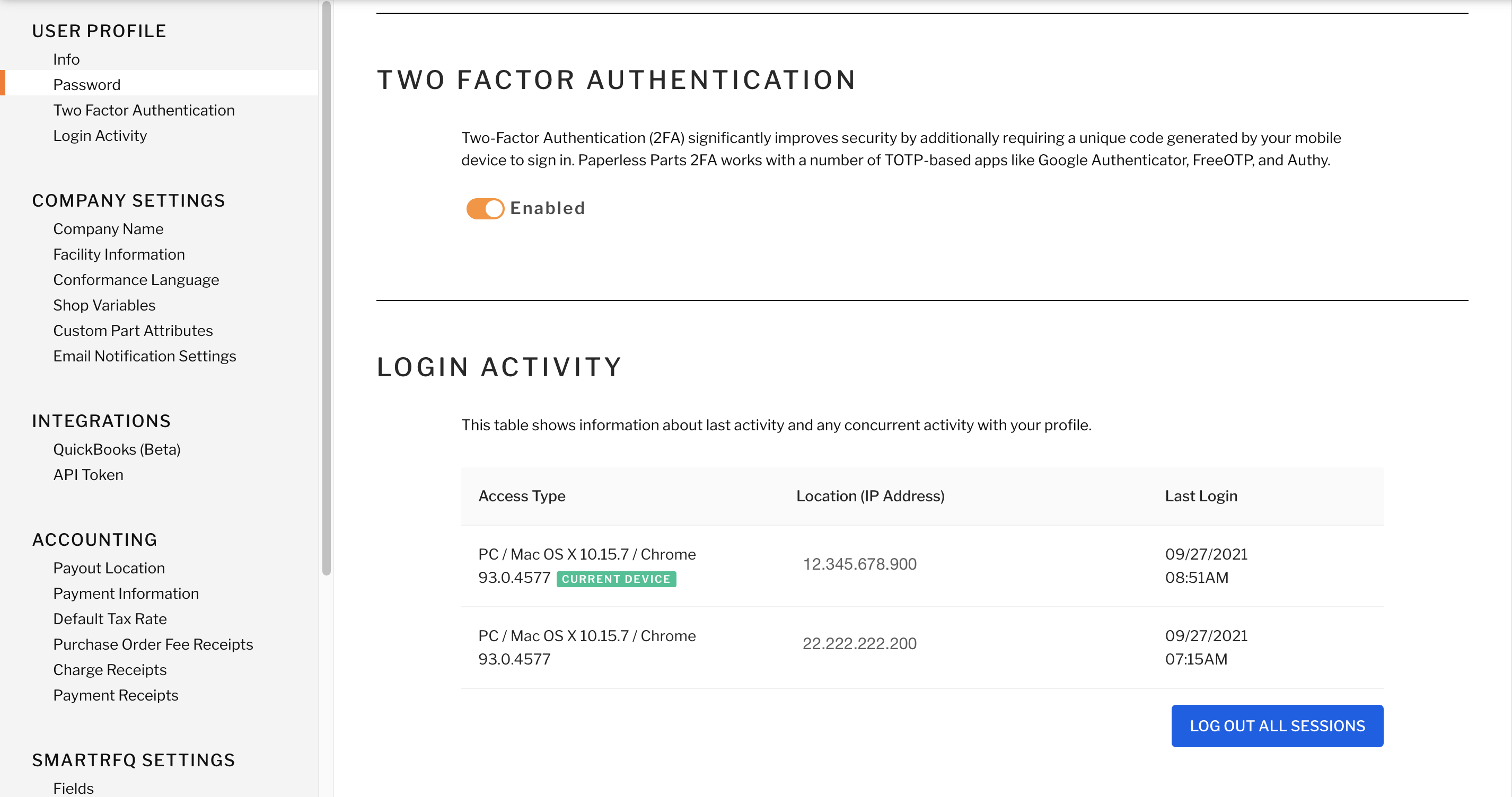 User profile settings