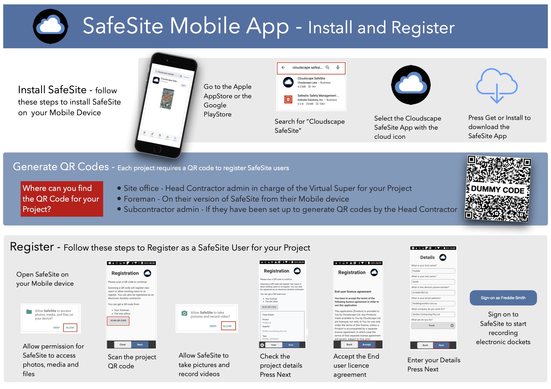 SafeSite Mobile App Install and Register Cheatsheet Virtual