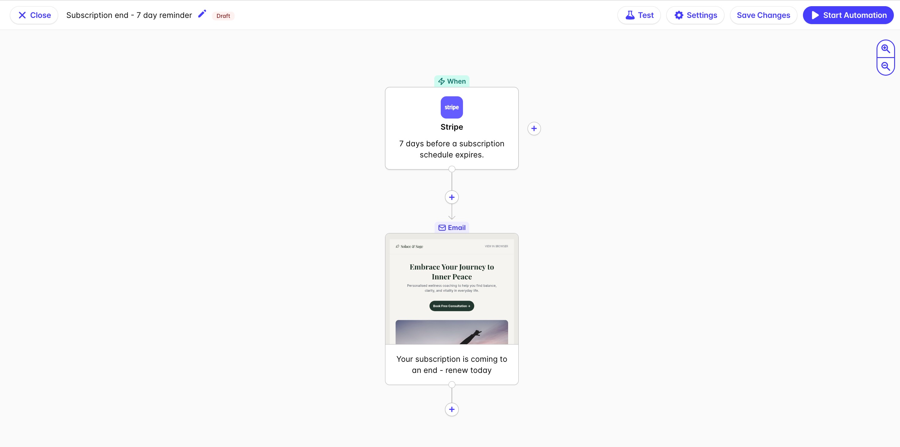Shows steps in automation to send an email 7 days before a Stripe subscription ends
