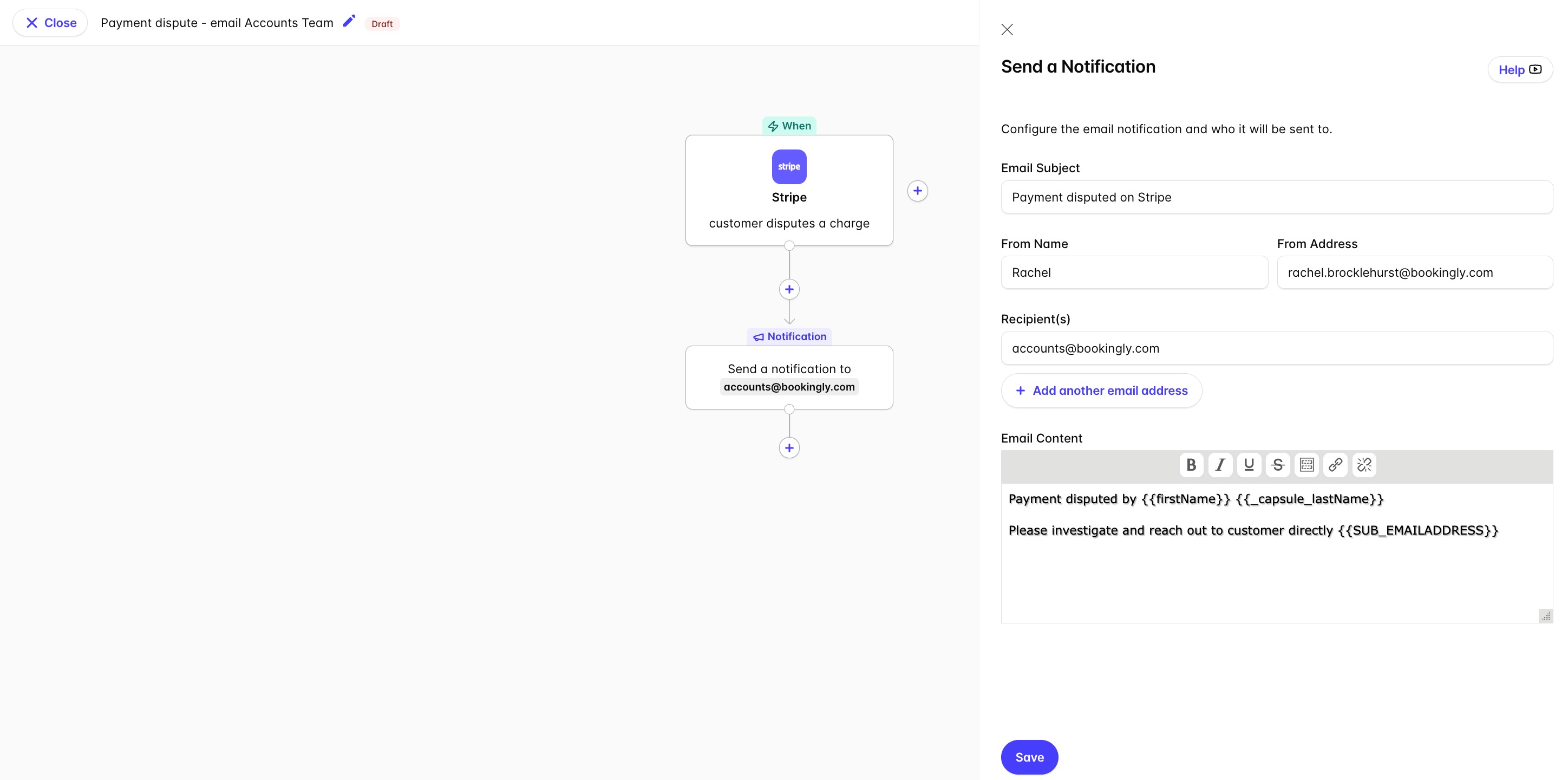 Shows steps in Automation that sends an internal notification when a Stripe payment is disputed