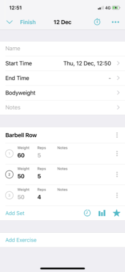 Barbell row sets showing pale placeholder weights and reps that have not been entered.