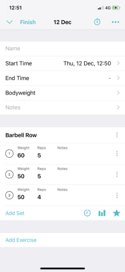 Barbell row sets with weights and reps entered in dark text.