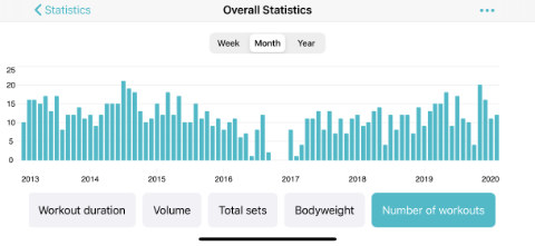 Overall statistics bar chart showing the number of workouts per month.
